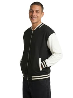 A black and white men's/unisex wool blend varsity jacket with a zip front and ribbed cuffs.