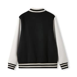 A black and white varsity jacket featuring a wool blend soft shell design and a logo on the back.