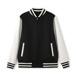 A black and white varsity jacket with a zip front, ribbed collar, and two side pockets. Features a logo on the chest.