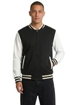 A men's/unisex wool blend soft shell varsity jacket in black and white, featuring a logo on the chest and striped cuffs.