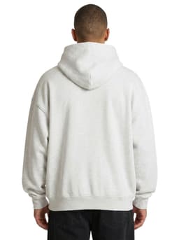 A grey adult's oversize hoodie with a spacious design and a hood, featuring a brand logo on the back.