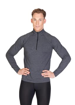 A grey half zip mock neck jumper for men, featuring long sleeves and a fitted design. It has a logo on it.