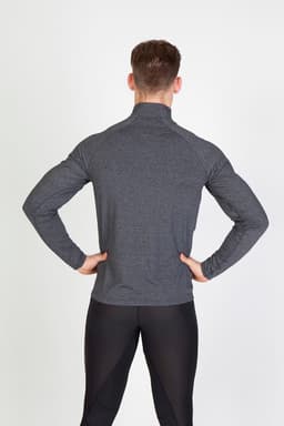 A grey half zip mock neck jumper for men, featuring long sleeves and a fitted design, viewed from the back.