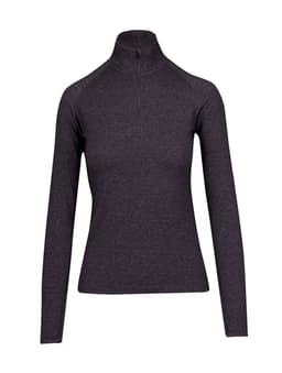 A dark charcoal half zip mock neck shirt featuring long sleeves and a fitted design. It has a logo.