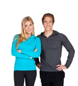 A grey half-hood top worn by a man, alongside a woman in a turquoise hoodie. Both models are smiling.