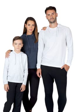 A group in various Kids Fusion Tshirt Hoodies: one grey, one navy, and one white, paired with black leggings.