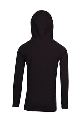 A black kids' fusion t-shirt hoodie with a back view, featuring a hood and long sleeves.