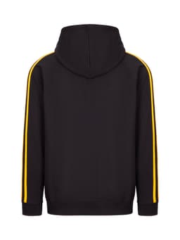A black hoodie with yellow stripes on the sleeves and a hood. Features a logo on the back.