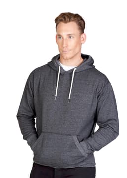 A grey heather hoodie for men featuring a front pocket and a drawstring hood. It has a logo on the front.