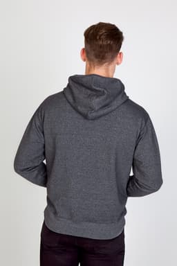 A grey heather hoodie viewed from the back, featuring a drawstring hood and a stylish fit.