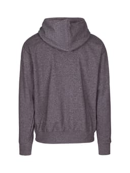 A heather grey men's hoodie featuring a hood, long sleeves, and a casual design. Includes a logo on the back.