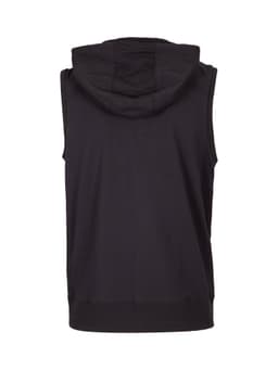 A black sleeveless zip hoodie with a hood, featuring a logo on the back.