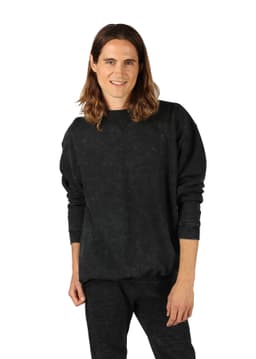 A unisex stone wash sweatshirt in black, featuring long sleeves and a relaxed fit, with a logo on the front.