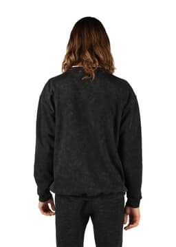 A unisex stone wash sweatshirt in black, viewed from the back, featuring long sleeves and a crew neck.
