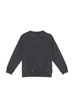 A grey kids' stone wash sweatshirt featuring a crew neck and long sleeves, with a ribbed hem. It has a logo.