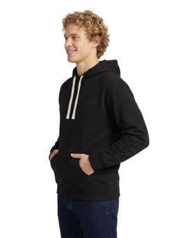 A mens brushed heavy fleece hoodie in black, featuring a hood and front pockets, with a branding logo.