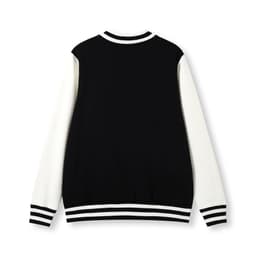 A black and white men's varsity jacket featuring contrasting sleeves and a striped ribbed collar and hem.