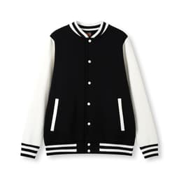 A black and white men's varsity jacket featuring a button front, striped cuffs, and a logo on the chest.