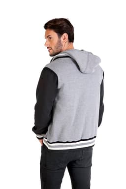 A men's varsity jacket in grey with black sleeves, featuring a hood and a logo.