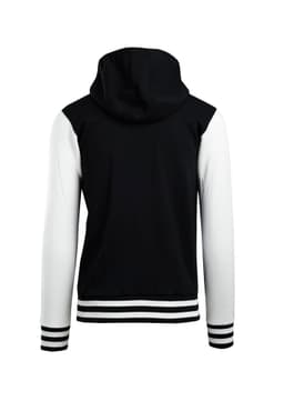 A black varsity jacket with a white hood and contrasting white sleeves, featuring a striped ribbed hem.