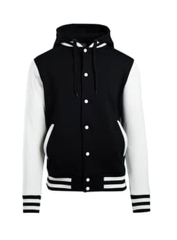 A black and white men's varsity jacket with a hood, featuring a front button closure and striped cuffs.