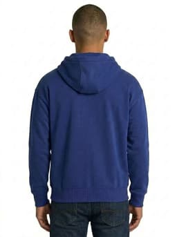 A blue men's brushed heavy zip fleece hoodie with a hood, featuring a back view.