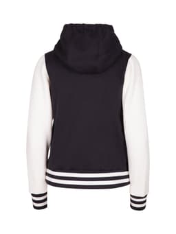 A women's varsity jacket in black and white, featuring a hood and striped cuffs, with a logo on the back.