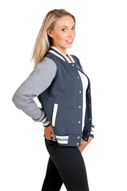 A women's junior varsity jacket in navy blue with grey sleeves and white striped detailing, featuring side pockets.