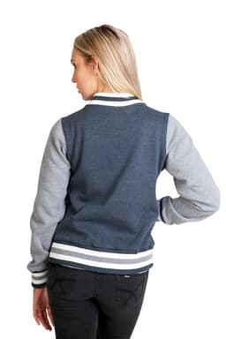 A women's junior varsity jacket in navy blue and grey with a striped collar and branding on the front.