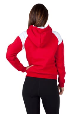 A red and white hoodie featuring a contrast design, with a hood and long sleeves, showcased from the back.
