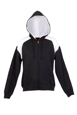 A women's juniors shoulder contrast zip hoodie featuring black and white panels and a front pocket.
