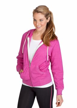 A pink zip-up hoodie with a relaxed fit, featuring a hood and front pockets.