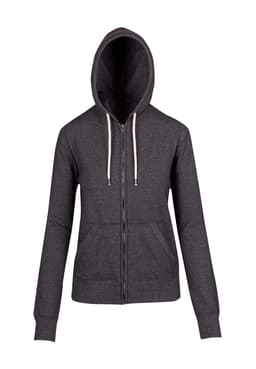 A zip hoodie in heather grey with a hood and drawstrings, featuring long sleeves and a fitted design.