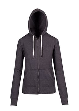 A heather grey zip hoodie featuring a hood and long sleeves, with a logo on it.