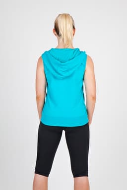 A sleeveless zip hoodie in vibrant turquoise, featuring a hood and a fitted style, viewed from the back.
