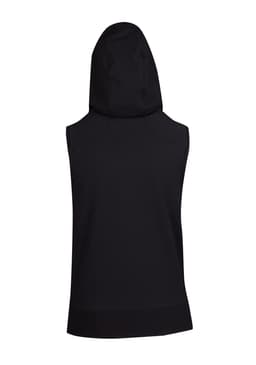 A sleeveless black zip hoodie featuring a hood and a branded logo on the back. Ideal for casual wear.