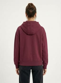 A maroon women's heavy zip fleece hoodie with a hood, shown from the back. Features a logo on the garment.