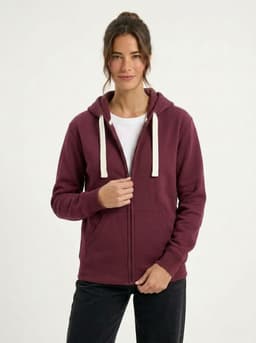 A maroon women's heavy zip fleece hoodie with a white drawstring, featuring a front zip closure and pockets.
