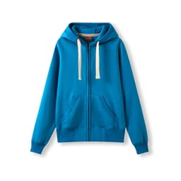 A blue women's junior heavy zip fleece hoodie with a hood and two front pockets. It features a logo on the garment.