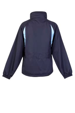 A navy blue rain jacket featuring light blue accents and a high collar. It has a logo on the back.