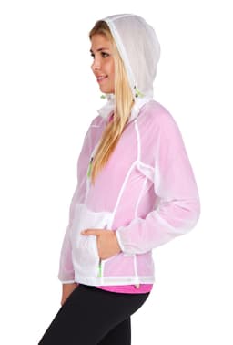 A lightweight women's air jacket in pink and white, featuring a hood and pockets, with a logo on the sleeve.