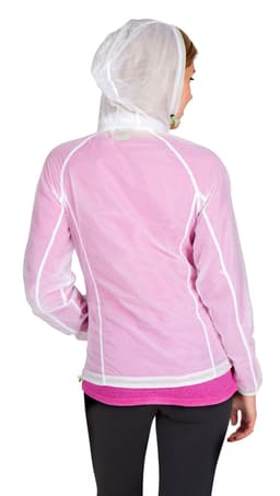 A lightweight women's jacket in pink with a white hood, featuring a sporty design and a logo on the back.