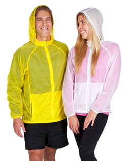 A yellow and white women's air jacket is worn by a woman next to a man in a yellow jacket. Both have hoods.