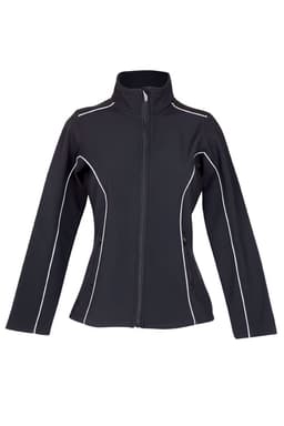 A black women's jacket with white detailing, featuring a full zipper and long sleeves, and has a logo.