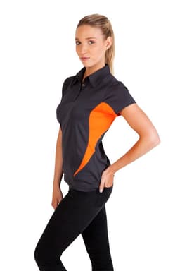 A women's polo shirt featuring a grey body with vibrant orange accents and a logo.