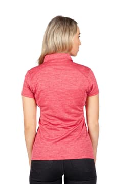 A women's polo shirt in a textured red fabric, featuring a collar and short sleeves. It has a logo on the back.