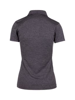 A women's polo shirt in dark grey, featuring a collar and a logo. The fabric is 100% polyester.