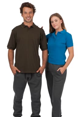 Two models wearing polo shirts in brown and blue, paired with grey pants. The shirts feature a logo.