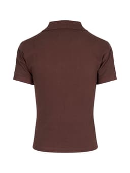 A brown women's cotton polo shirt featuring a classic collar and short sleeves. It has a logo on the back.