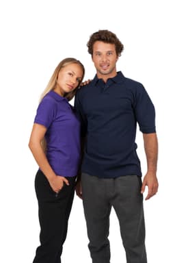 A navy blue polo shirt on a man and a purple polo shirt on a woman, both featuring a logo.